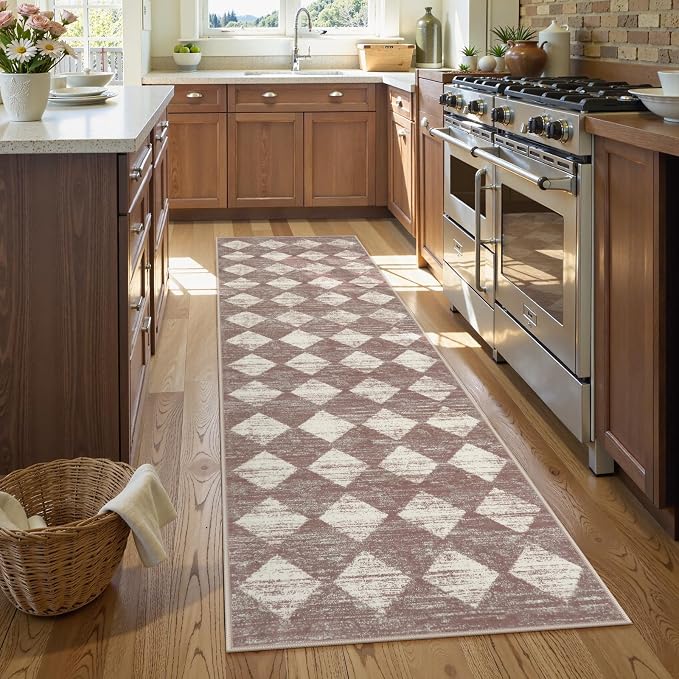 Checkered Runner Rug 2x8 Beige, Hallway Kitchen Bathroom Non Slip Washable