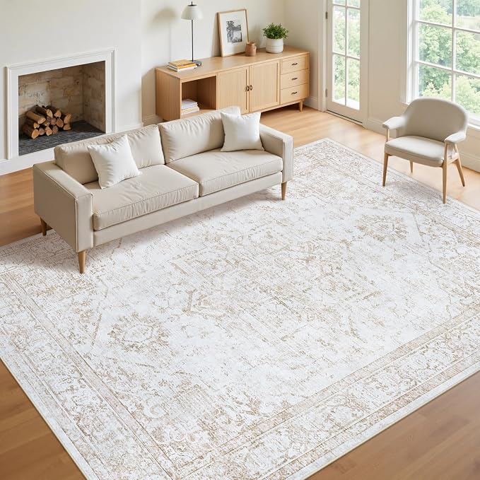 8x10 Area Rugs for Living Room Washable Non-Slip Rug Beige | Vintage Medallion Rug，Soft Low Pile Large Rugs，Indoor Retro Carpet for Bedroom Nursery Dining Table Farmhouse Home Office
