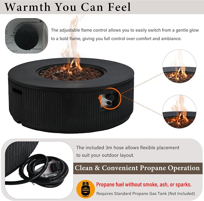 Merax 38.19'' MGO Propane Outdoor Fire Pit with Vertical Stripe Design, 50000 BTU Round Fire Pit Table with Steel Burner, Adjustable Flame Control, Lava Rocks & Rain Cover for Patio&Backyard, Black