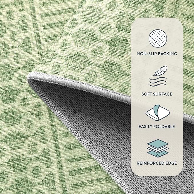 Lahome Farmhouse Washable 2x6 Kitchen Runner Rug, Non-Slip, Sage Green | Boho Textured Neutral, Low-Pile, Geometric Pattern, Modern, Moroccan, Entryway Hallway Runner Kitchen Bathroom Laundry Room