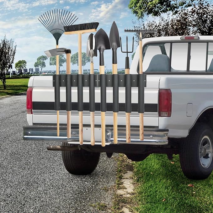 mopam Shovel Holder for Truck Landscape Hand Tool Rack with 8 Holes in 2 Groups Heavy Duty Trailer Tool Rack Truck Bed Tool Box Mount Garden Tool Organizer for Rakes Snow Shovels Hoes