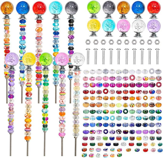 230Pcs Bubble Top Garden Stakes Kit, Crystal Wand Decor for Patio | 230pcs Set, 9.8" Steel Rods, 10.8" Assembled Height, Glass Bubble Tops, Acrylic Beads, For Pots Planters Patio Outdoor Decor