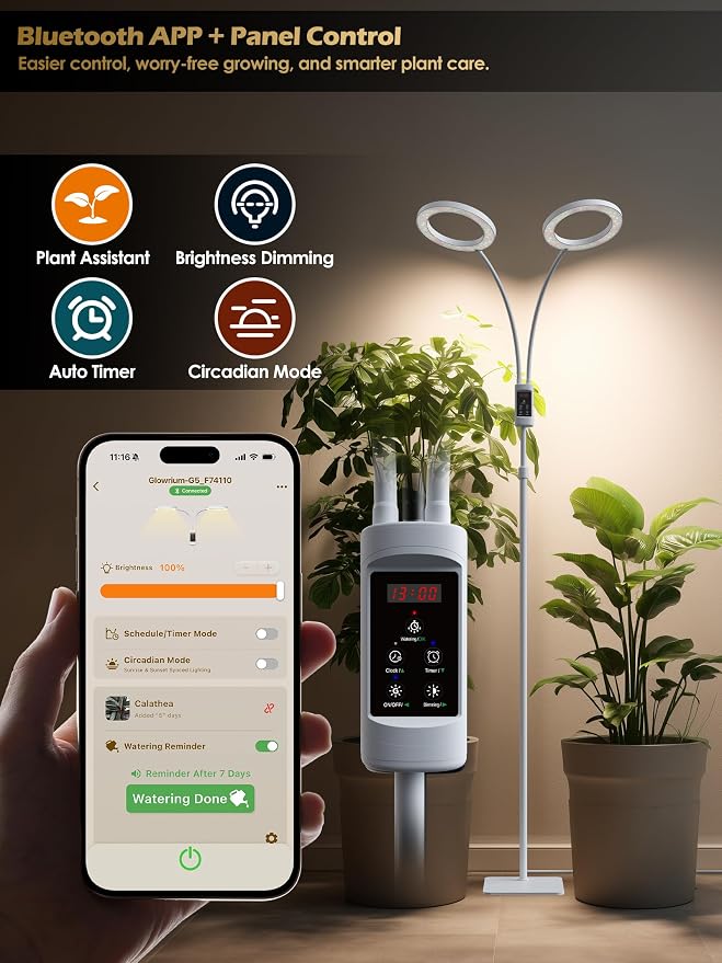 Smart Grow Lights for Indoor Plants, Plant Light with Auto-Timer, Full Spectrum LED Grow Light, Adjustable Height & Stepless Dimming,Plant Assistant Suitable for Most Plants (White, Dual Heads)