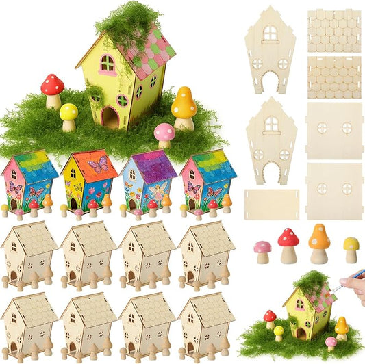 DoubleFill 12 Sets Wooden Fairy House Craft Kit for Kids - Classroom DIY Fairy Garden with Paints & Decorations - School Arts Crafts & Birthday Gift for Activity Party Decor (Classic Style)