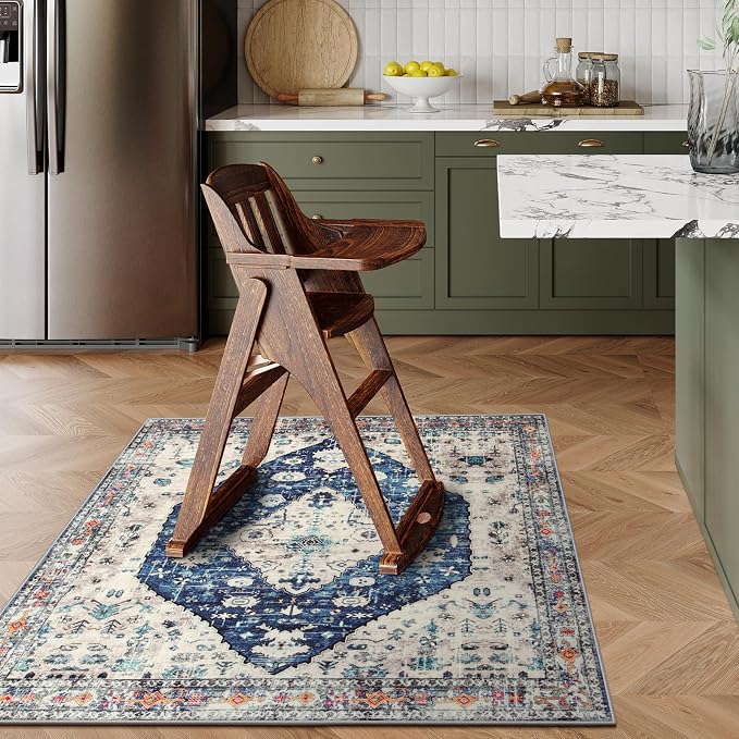 Lahome Felice Boho Tribal Square 4x4 Area Rug, Blue Washable Bathroom Rugs Soft Kitchen Rugs, Oriental Non Slip Non-Shedding Indoor Throw Floor Carpets for Bedroom Entryway Home Decor