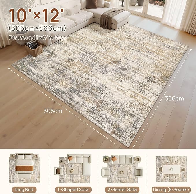 UERMEI 10x12 Area Rug for Living Room Washable Abstract Golden Brown Carpet | Low Pile Non-Slip Soft Neutral Modern Kid Pet Friendly Large Rugs For Bedroom Dining Room Nursery Office Indoor Decor