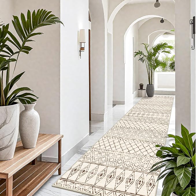 Washable 4x12 Runner Rug Hallway: Moroccan Non Slip Extra Long Rugs Beige | Pets Friendly Runners Low Pile Soft Carpet with Rubber Backing for Kitchen Bedroom Entryway Laundry