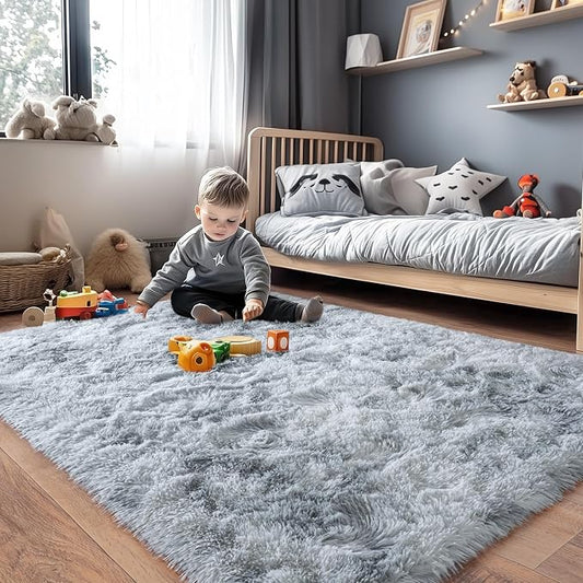 Rugs for Bedroom, Ultra Fluffy Fuzzy Shag 5x7 Area Rug for Living Room, Modern Plush Soft Upgrade Non-Slip Carpet for Kids Girls and Boys, Dorms, Nursery, Home Decor, Tie-Dyed White Grey