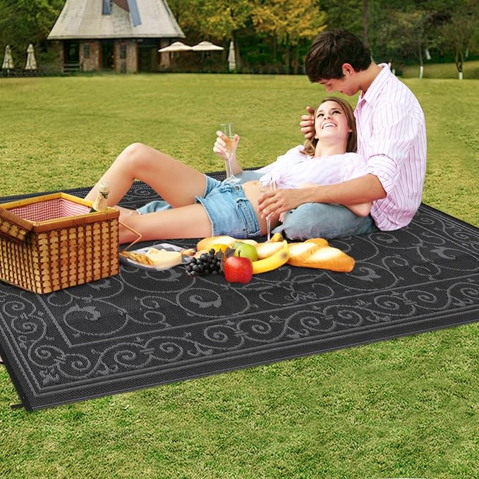Garvee 9x12 Outdoor Rug for Patio Plastic Straw Rug Waterproof Reversible Mat Lightweight Foldable Carpet Easy Clean Large Rugs for Patio Porch Backyard Camping RV Beach Balcony Deck Vintage Black