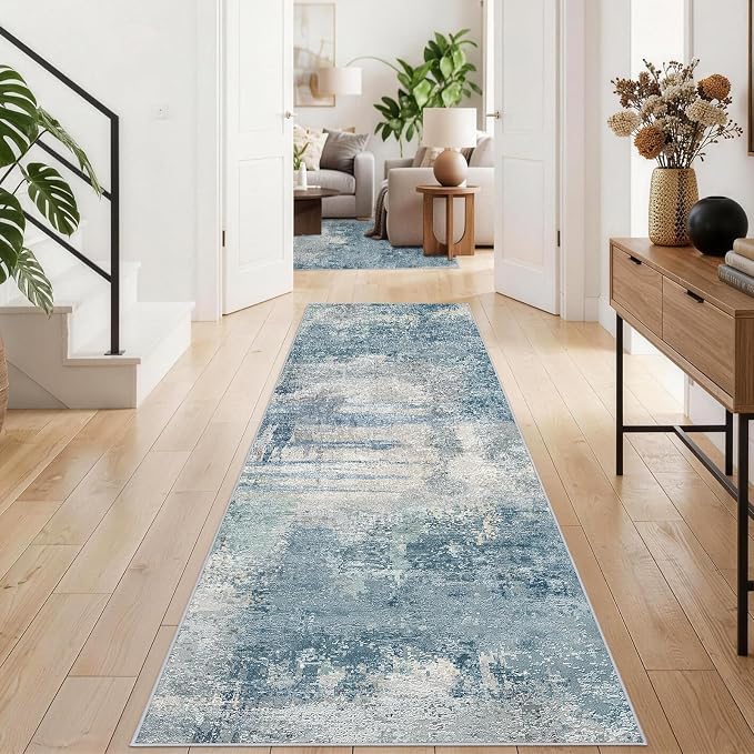 Abstract Rug Runners 2x8 Washable: Modern Rugs Non Slip for Kitchen Blue | Entryway Bedroom - Soft Stain Resistant Easy Clean - Indoor Low Pile Carpet for Family with Pets 2x8 Blue