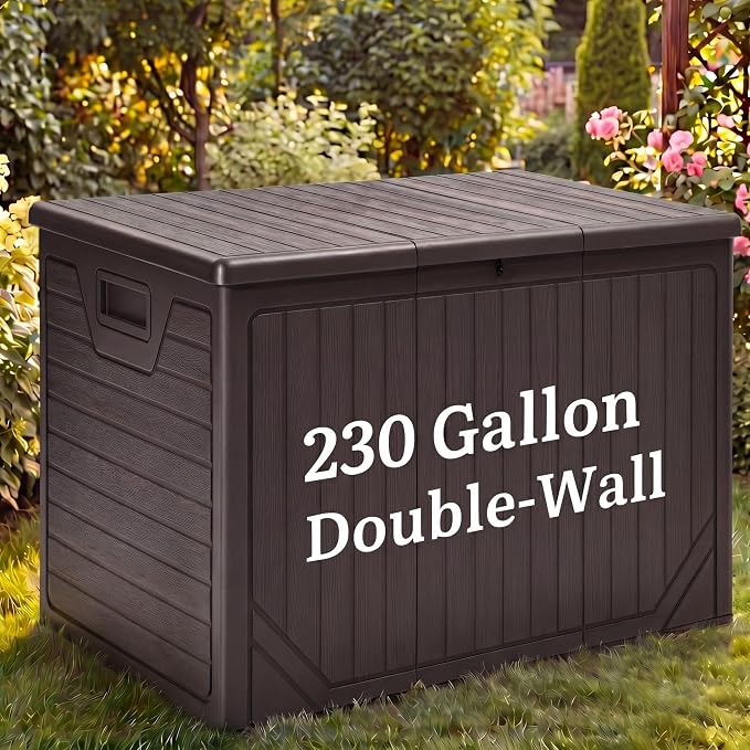 YITAHOME 230 Gallon Extra Large Outdoor Storage Box, Waterproof Double-WallDeck Box with Hydraulic Piston for Garden Tools, Pool Accessories & Cushions, Resin Deck Organizer with Bench Seat(Brown)