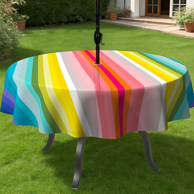Mexico Strip Round Outdoor Tablecloth with Umbrella Hole 60" x 60" Waterproof Zipper Table Cloth for Patio Table - Ideal Tablecloths for Picnics, Camping, and Yard Use