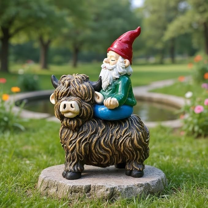 Meditating Garden Gnome on Highland Cow Outdoor Statue | Waterproof Resin, Yard Art Figurine, Funny Lawn Ornaments, Patio Decor