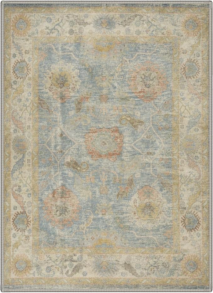 8X10 Living Room Area Rug, Boho Vintage Floral Washable Non Slip | Floral Vintage Rug for Bedroom Dining Room, Dusty Blue Soft Low Pile Faux Wool, Stain Resistant Non-Shedding Pet-Friendly