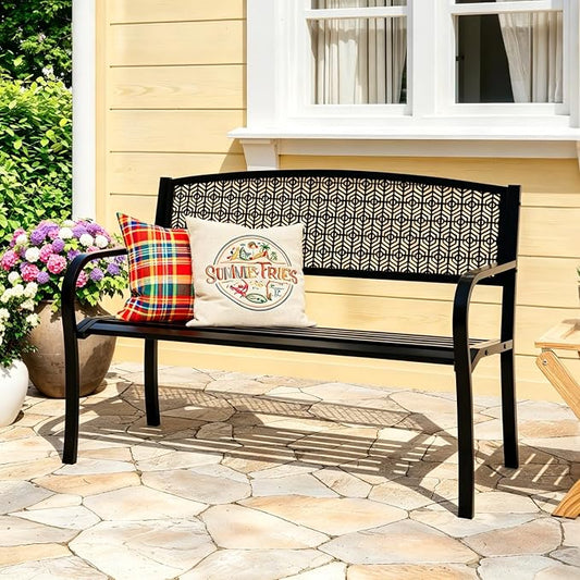 50" Outdoor Metal Garden Bench, Patio Steel Bench with Curved Backrest, Decorative Pattern, Weather-Resistant Porch Bench for Yard, Park, Deck, Backyard