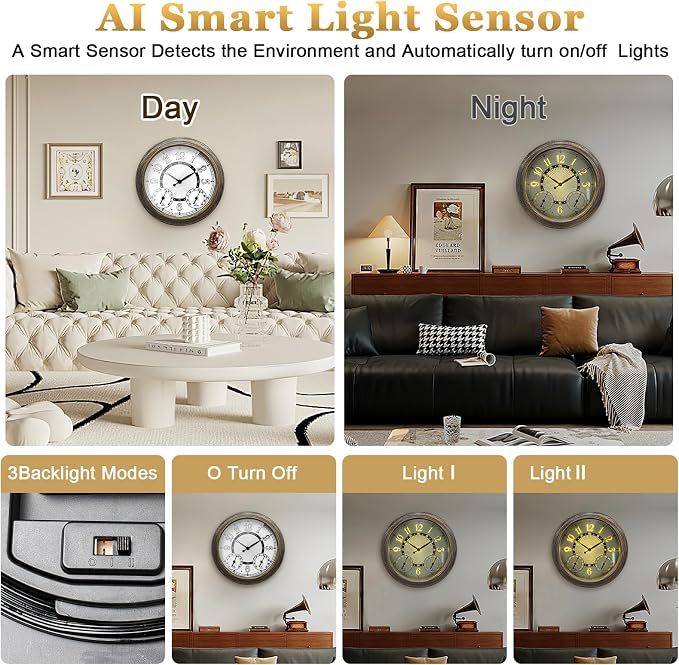 Pytha Sight Illuminated Large Metal Outdoor Clocks Waterproof 18 Inches With AI Auto Light Smart Sensor,Extra Big Indoor Outdoor Wall Clocks With Thermometer & Hygrometer for Patio, Pool, Garden,Porch
