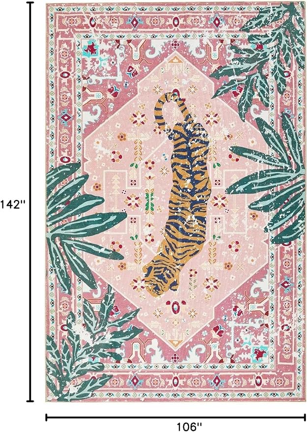 Washable Pink Rugs Boho Vintage Tropical Jungle 9x12 Area Rugs Tribal Oriental Carpet for Bedroom Kitchen Dining Living Room Office Distressed Indoor Cute Nursery Rug