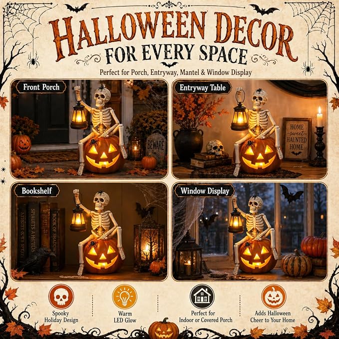 Halloween Outdoor Decorations Solar Lighted Skeleton Pumpkin Statue with Lantern 9.3 Inch Resin Jack O Lantern Yard Decor Halloween Skeleton Decoration for Porch Patio Garden Lawn
