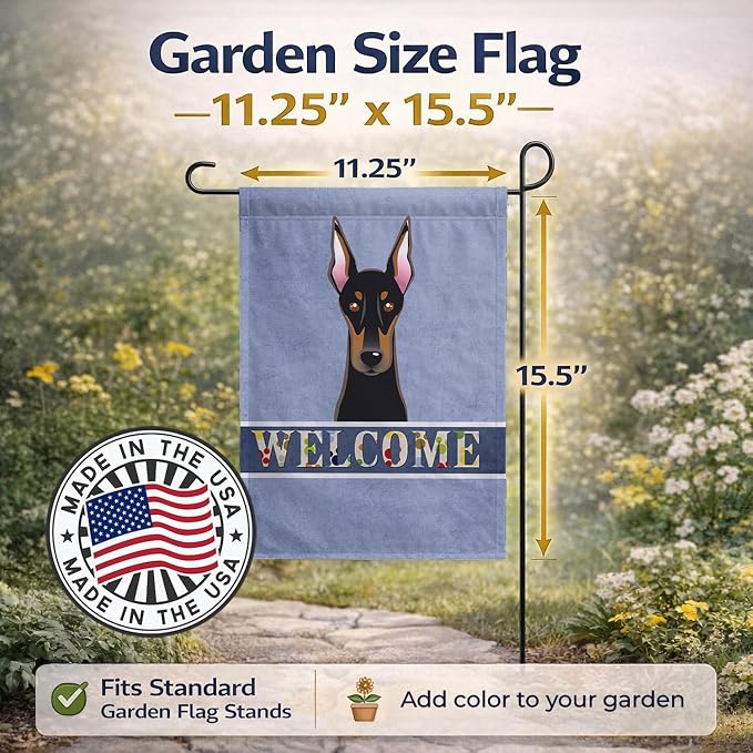 Caroline's Treasures BB1431GF Doberman Welcome Garden Flag, Blue Mailbox Flag Decorative Yard Flag Banner Outside Patio Artwork Yard Flower Beds, Garden Size, Multicolor