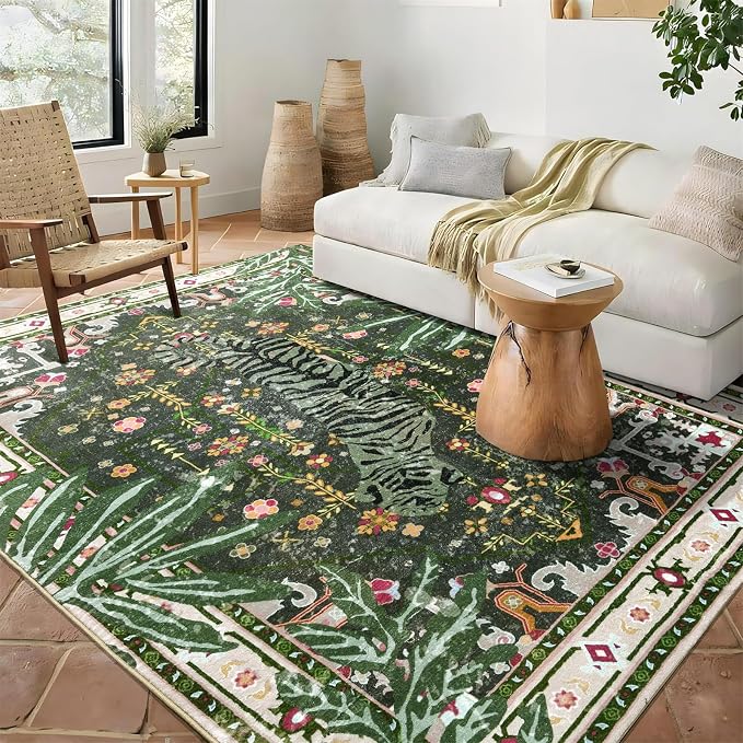 Oriental Tropical Washable Rugs, Greyish Green Boho Vintage Hippie 5x7 Area Rugs for Living Room Bedroom Kitchen Entryway Dorm, Abstract Botanical Animal Tribal Indian Accent Carpet