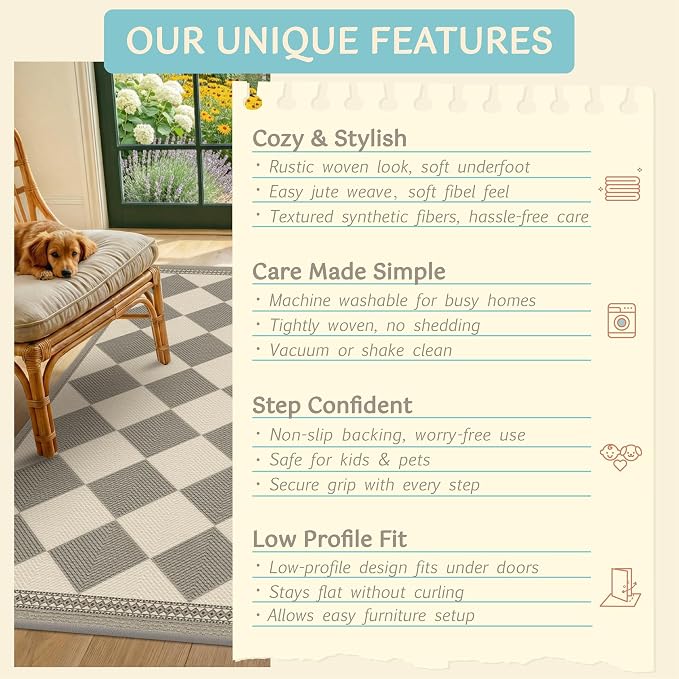 Gray and Cream Checkered Easy Jute 3x5 Outside Area Rug Outdoor Porch Decor, Entryway Rugs Indoor Diamond Geometric Pattern Mat, Patio, Backyard or Entry, Boho Farmhouse Style Washable Non Skid Mat