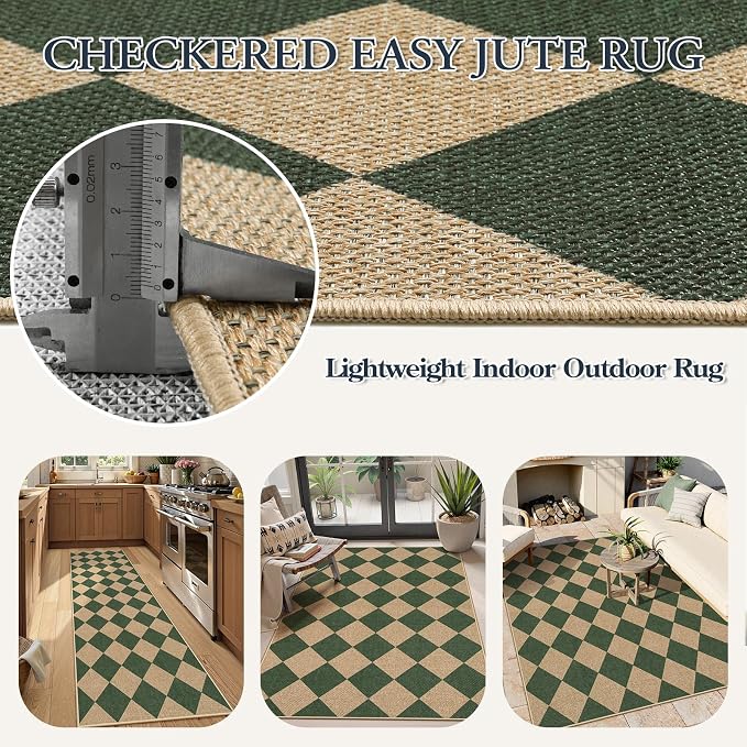 Lahome Colette Checkered Kitchen Runner, 2x8 Easy Jute Runner Rug for Hallway Entryway, Farmhouse Indoor Outdoor Non Slip Non Shedding Green Carpet for Laundry Bedroom Porch Corridor