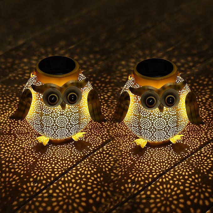 2 Pack Hanging Solar Lanterns - Garden Light Waterproof Metal Decorative Solar Lantern Lights Outdoor for Patio Yard Table Pathway with Owl Pattern