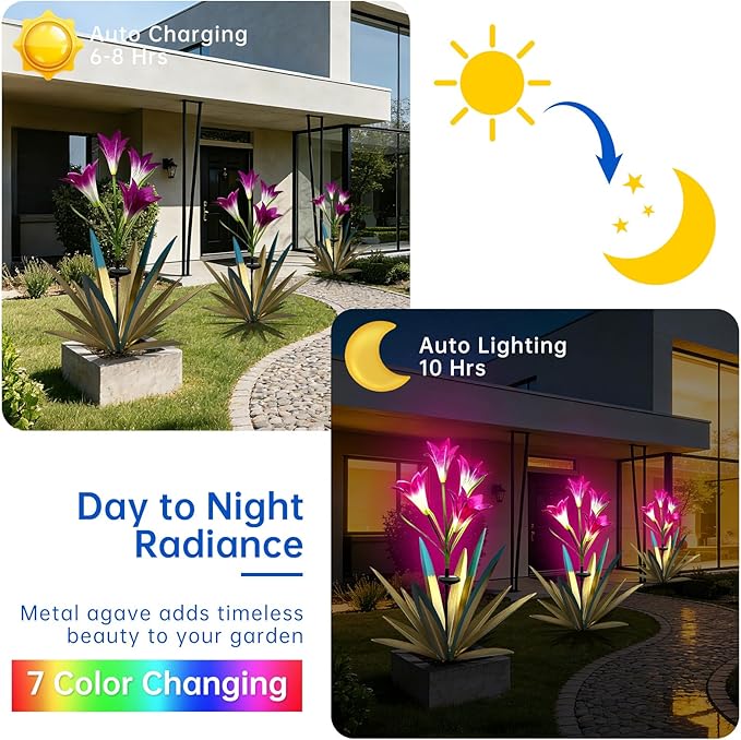 Homight Solar Metal Agave Lily Flower Garden Sculpture with LED Lights 30.3 Inch Waterproof Outdoor/Indoor Yard Decor Handmade Lawn Ornament Gift for Family Friends (3, Blue)