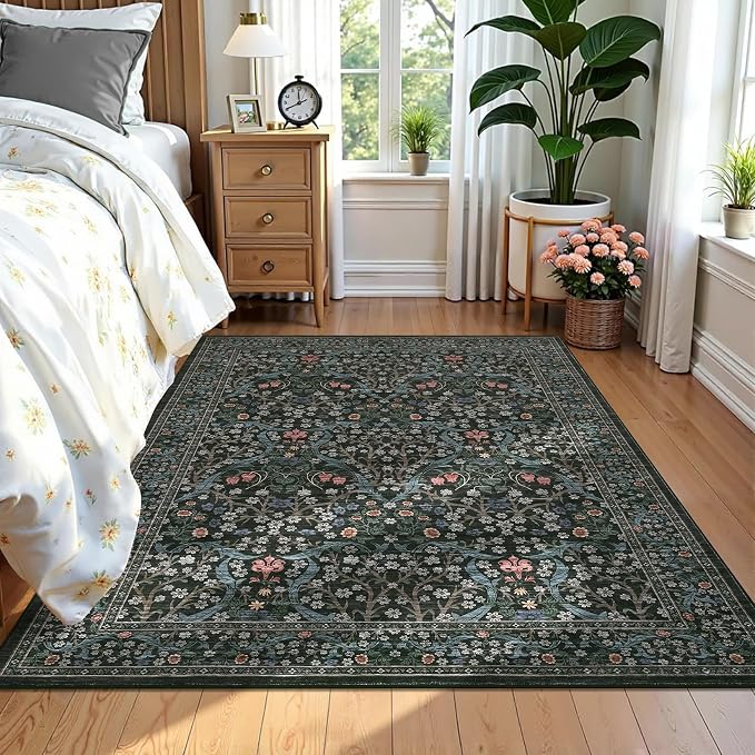 GarveeHome 6x9 Washable Area Rug for Living Room, Floral Dining Room Rugs for Under Table, Low Pile Non-Slip Stain Resistance Floor Carpet for Bedroom, Dark Black