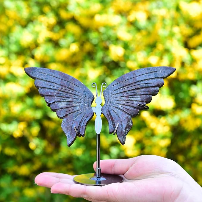 JIC Gem Dragon Blood Quartz Crystals Butterfly Art Decorative Natural Rocks Healing Crystal and Stones Carved Angel Wings with Display Decor Reiki Gifts (1pair, 10cm)