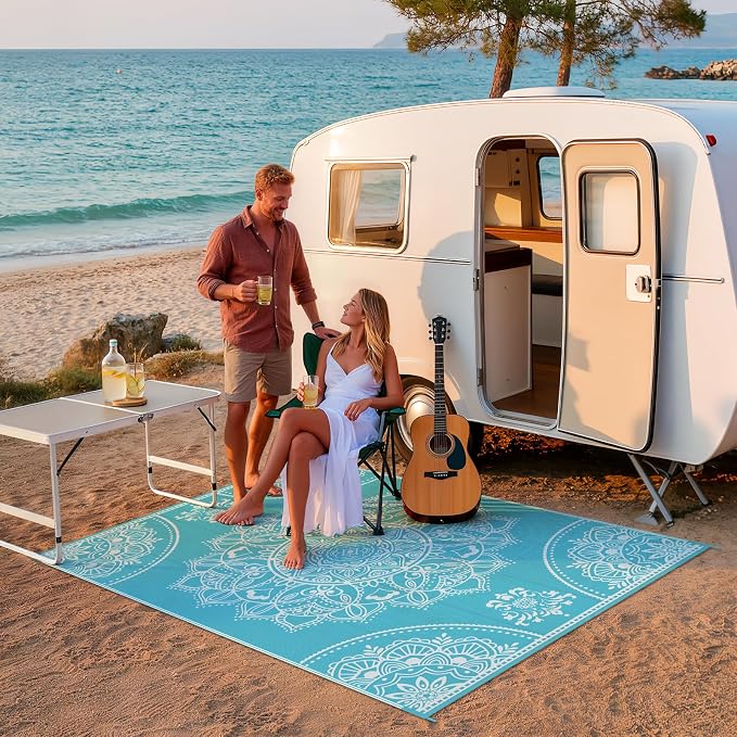 Pauwer Waterproof Outdoor Rug 6x9, Reversible Plastic Straw Patio Camping Rug, Indoor Outdoor RV Mat Carpet for Deck, Camper, Porch, Balcony, Backyard, Picnic, Floral Teal