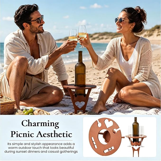 Foldable Wine Table Outdoor, Portable Mini Wooden Picnic Table Wine Glass Holder for Beach BBQ Camping Yard Lawn Party