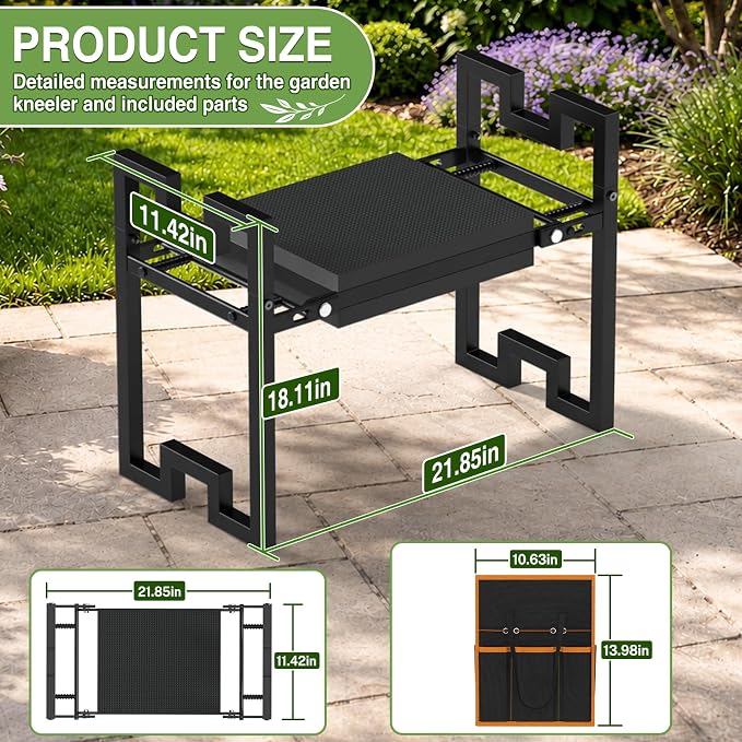 Qatsrin Portable Foldable Garden Kneeler and Seat, Heavy Duty Garden Bench Chair with Wider Thicker Soft Kneeling Pad, Gardening Stool with Tool Bag, Gardening Gifts for Women Seniors Parents, Black