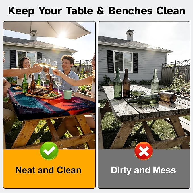 NYZE 3 Pieces Beach Sunset Picnic Table Cover with Bench Covers Set, Elastic Edge Camping Tablecloth, Tablecloth Cover with Drawstring Bag, Camping Essentials for Outdoor Picnics, Patio, BBQ