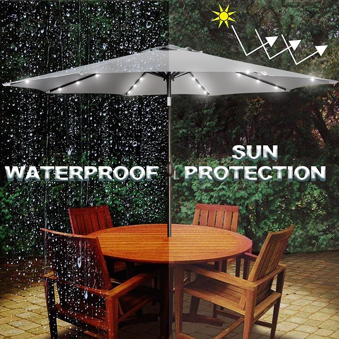 Blissun 9 ft Solar Umbrella, Patio Umbrella with 32 LED Lights, Table Market Umbrella, Outdoor Umbrella for Garden, Deck, Backyard (Light Grey)