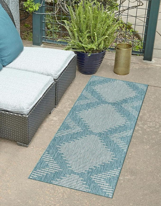 Unique Loom Outdoor Modern Collection Area Rug - Tambor (2' x 5' 1" Runner, Light Aqua/ Ivory)