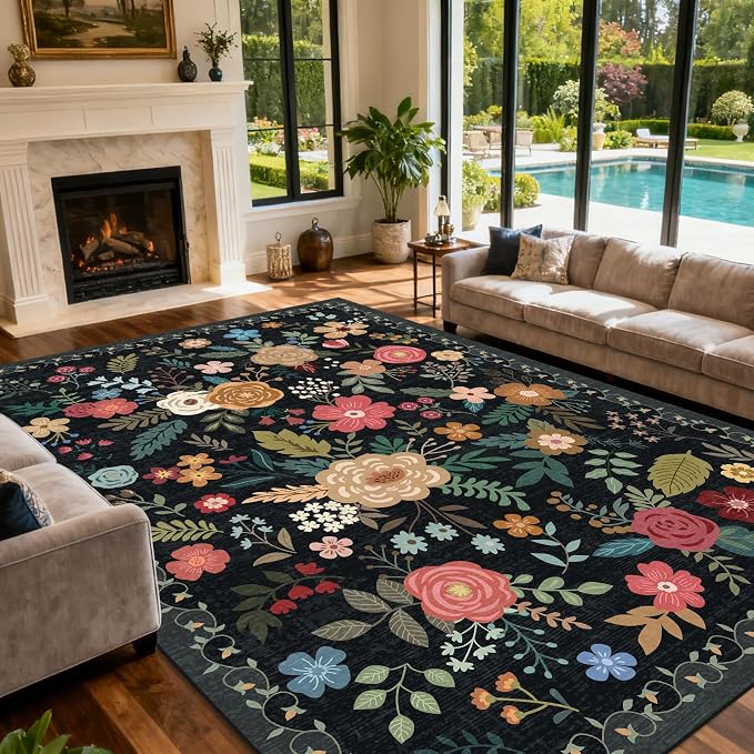 Extra Large 10x14 Area Rug for Living Room, Washable Rugs for Dining Room, Bedroom, Non Slip Stain Resistant Carpet, Low Pile Vintage Floral Rug (Black)
