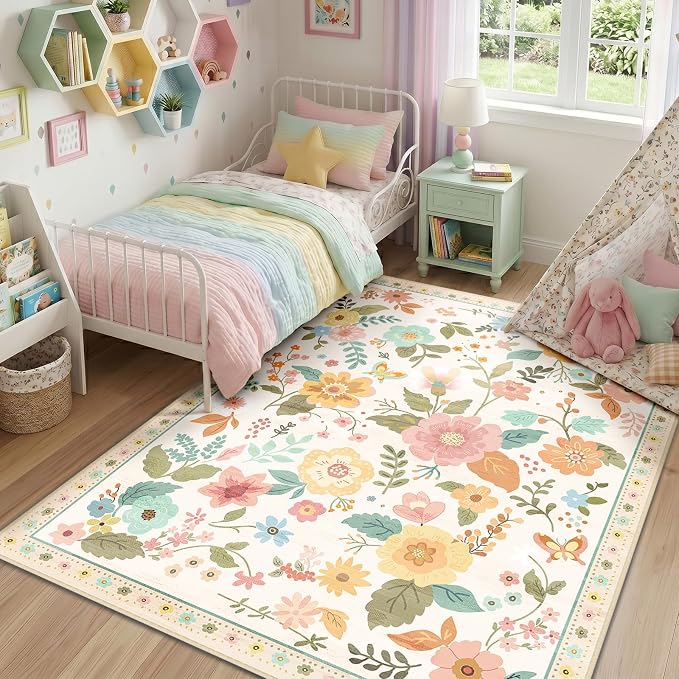 RELEANY Floral Washable 3x5 Area Rugs Beige/White/Orange | Flower Carpet, Print, Boho, Non-Slip, Easy to Clean, Soft, Low Pile for Living Room Bedroom Kitchen Office Entryway Hallway