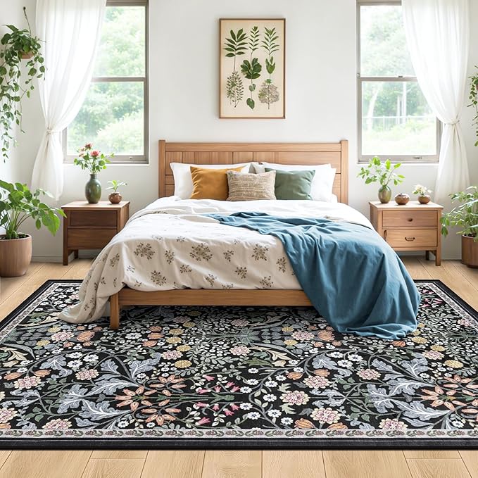 PLHXFR Area Rug 9x12 Living Room: Floral Washable Boho Carpet Dark Black | For Bedroom Dining Room Farmhouse Nursery Hallway,Vintage Floral,Machine washable,Non Slip,Stain Resistant,Large Indoor