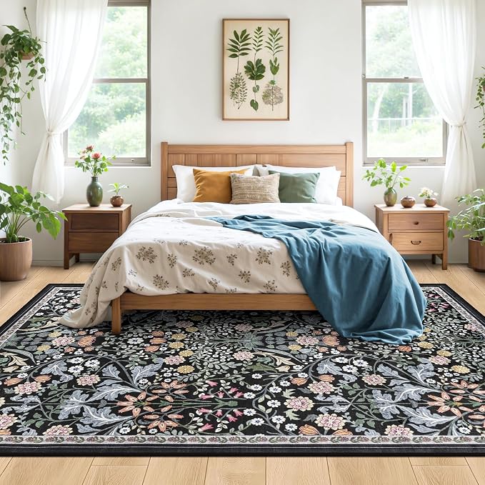 PLHXFR Area Rug 10x14 Living Room: Floral Washable Boho Carpet Dark Black | For Bedroom Dining Room Farmhouse Nursery Hallway,Vintage Floral,Machine washable,Non Slip,Stain Resistant,Large Indoor