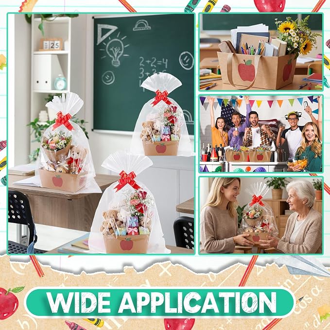 Qinyoung 12 Pcs Apple Kraft Baskets for Gifts Empty Teacher Appreciation Gift Basket with Handles, Pull Bows, Cellophane Bags and Twist Ties for CNA Teachers Week & Back to School Events, 9.8x6.5''