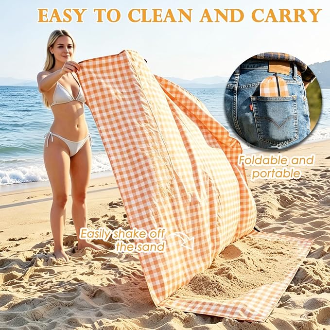 Fammart Pocket Picnic Blanket Sandproof Waterproof, Portable Lightweight Camping Tarp, Quick Dry Foldable Compact Beach Mat with Corner Pockets & Stakes for Festivals Hiking Outdoor Essentials
