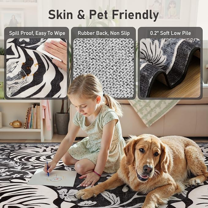 LIVEBOX Tiger Washable Rugs for Living Room, 8x10 Boho Bedroom Rug Non-Slip Jungle Floral Area Rug, Soft Stain Resistant Vintage Western Animal Floor Carpet for Dining Room Home Office Dorm (Black)