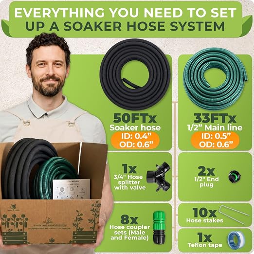 CARPATHEN Soaker Hose Kit, Water Saving Soaker Hose System with 1/2" 50FT Main Line Tubing & Connectors for Deep Root Watering Your Garden, Raised Beds or Greenhouse