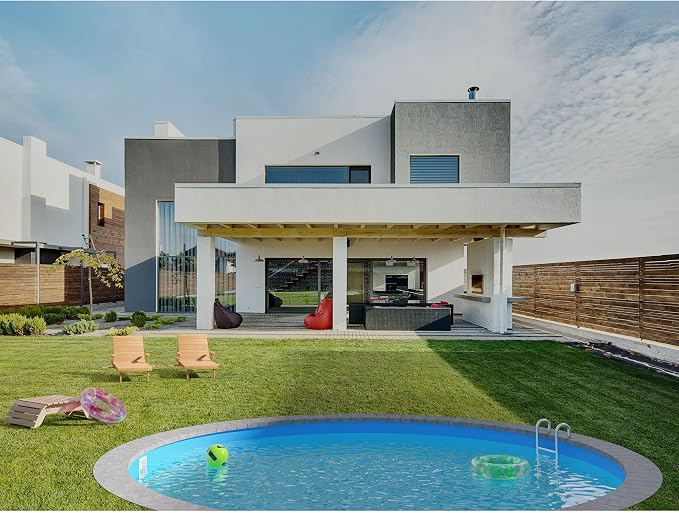 Steel Wall Pool Round Choice of Sizes 120 cm Deep Steel 0.4 mm Anthracite Foil 0.4 mm Blue Hanging Piping 450