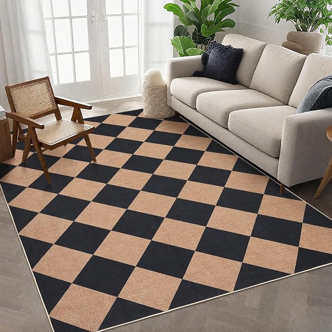 GarveeHome Easy Jute Area Rugs 6x9 for Living Room Non-Slip Backing Checkered Rugs Machine Washable Modern Indoor Outdoor Carpets for Dining Room Nursery Patio Bedroom Backyard Camping Black Tan