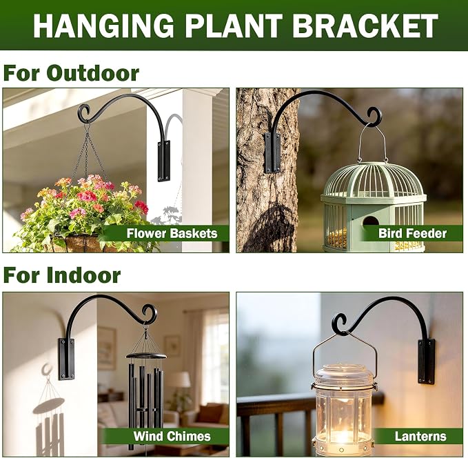 Heavy Duty 12 Inch Plant Hangers Bracket Outdoor, 50lbs Weight Capacity-4 Pack Metal Wall Hooks for Hanging Plants, Bird Feeder, Wind Chime, Wall Decor, Plant Hanger Hooks for Hanging Flower Baskets