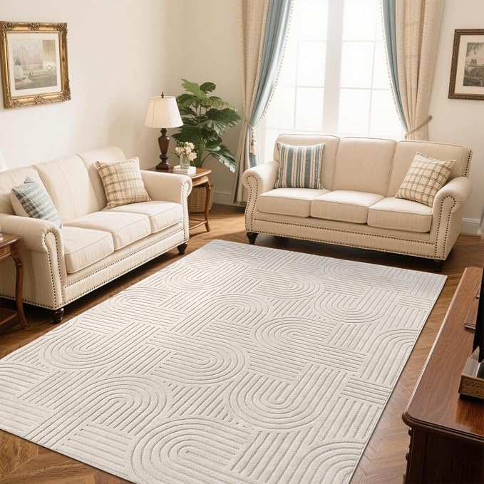 SHACOS Soft Cozy Fluffy Arch Pattern High Low Pile Area Rugs 5'x7' Non Slip Washable Scandinavian Minimalist Rug Modern Geometric Arc Carpet for Living Room Bedroom Dining Room, Beige