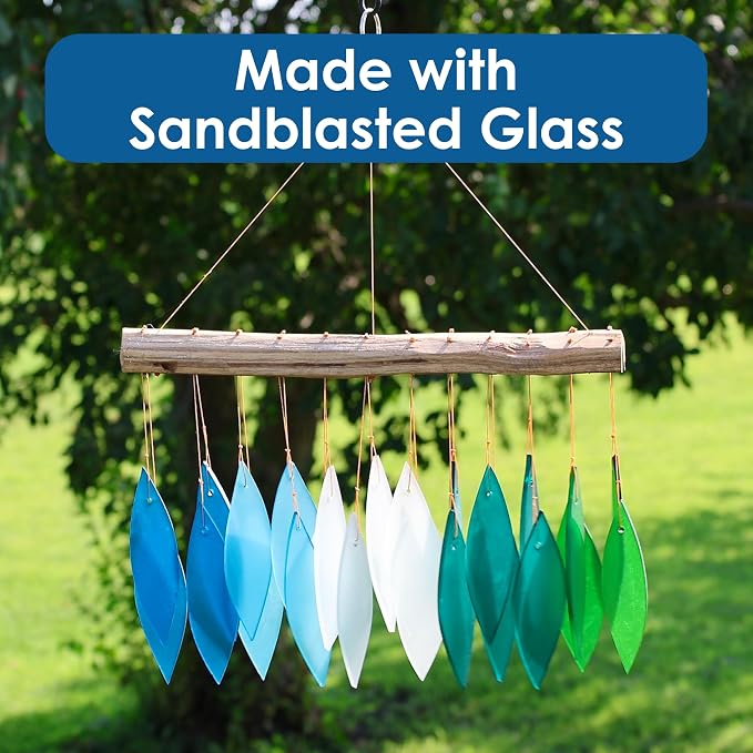 Blue Handworks Gradient Ocean Shades Glass Leaves Wind Chime | Sandblasted Glass and Found Wood Handcrafted Wind Chime