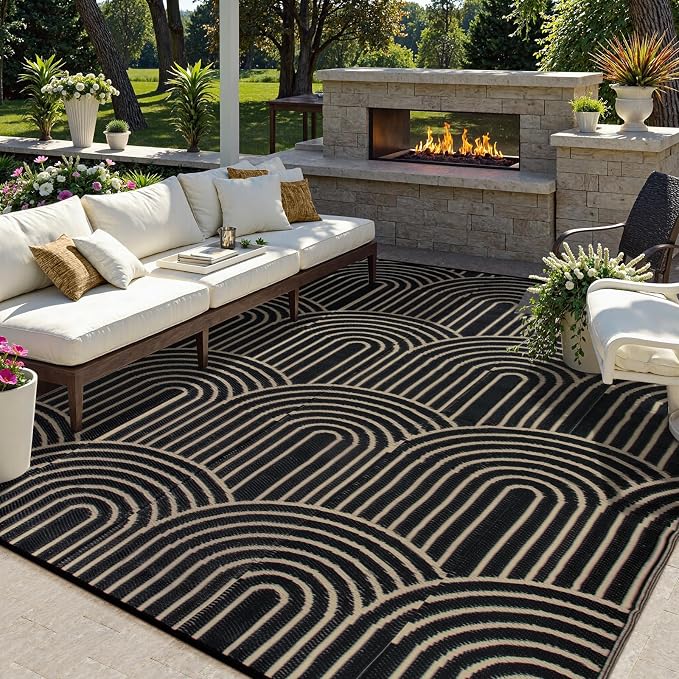 Lahome Black and White Outdoor Rug 9x12,Large Camping Rugs for Outside Your Rv,Outdoor Plastic Straw Mats Patio Waterproof,Porch Carpets for Beach Backyard Garden(Black,9'x12')
